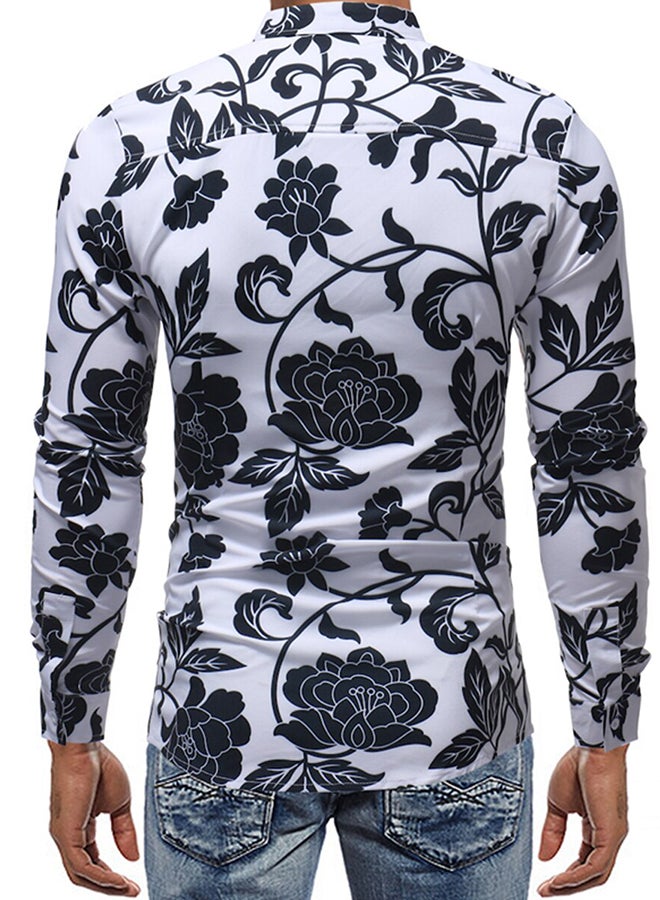 Floral Pattern Long Sleeves Collared Neck Shirt Black/White  - Image 2