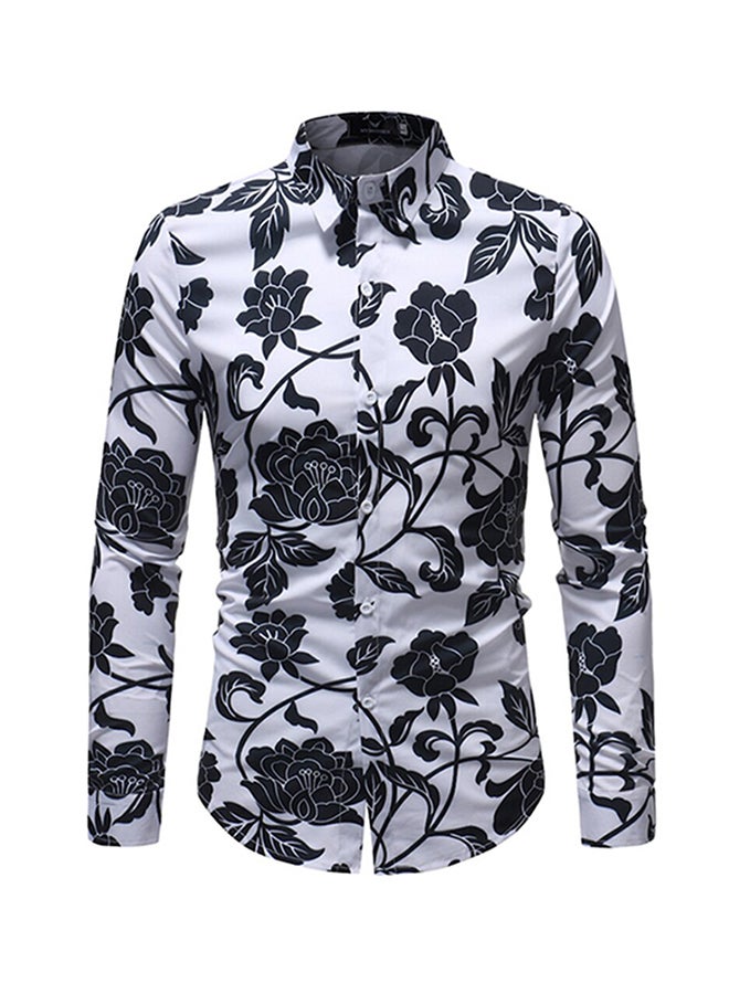 Floral Pattern Long Sleeves Collared Neck Shirt Black/White  - Image 3