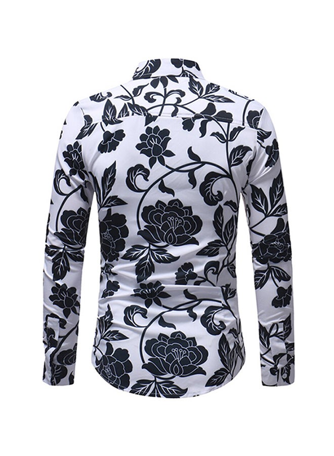 Floral Pattern Long Sleeves Collared Neck Shirt Black/White  - Image 4