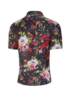Generic Floral Patern Short Sleeves Collared Neck Shirt Black/Pink/Green  - Image 2