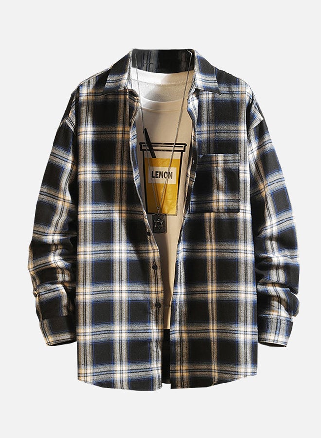 قميص بأكمام طويلة مزين بنقشة مربعات أسود/ أبيض - Image 1