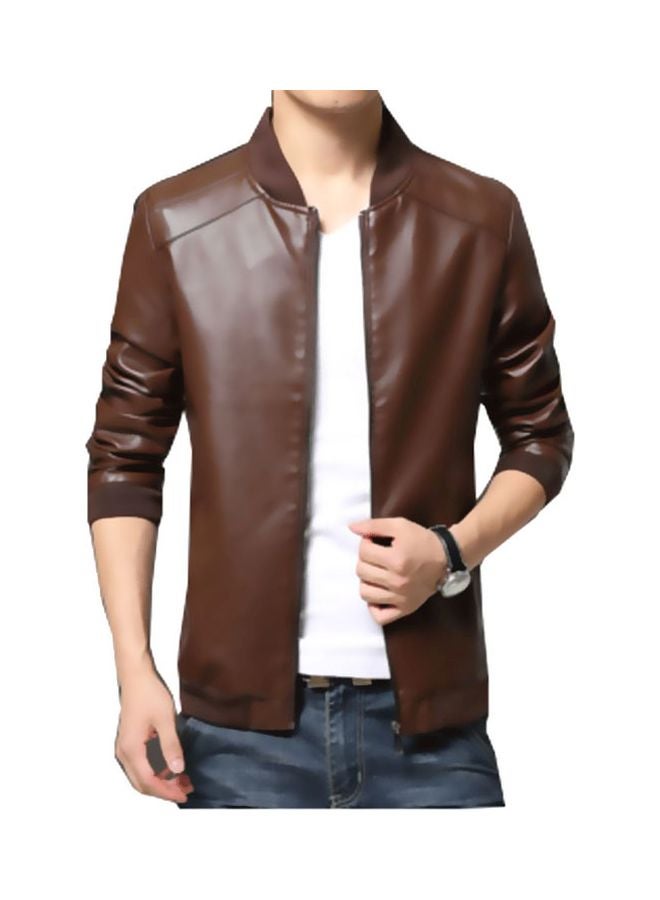 Long Sleeves Leather Jacket Brown  - Image 1