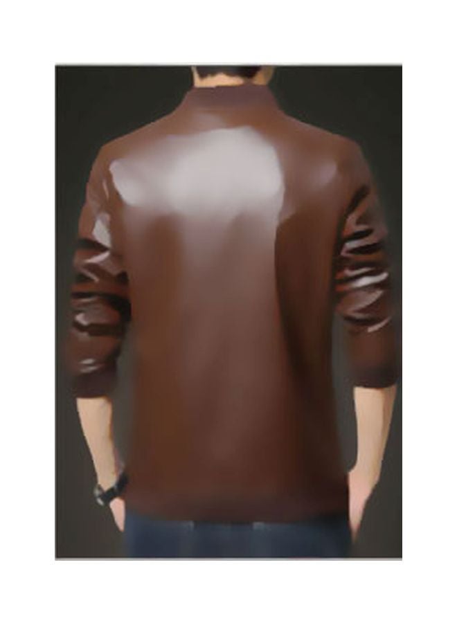Long Sleeves Leather Jacket Brown  - Image 2