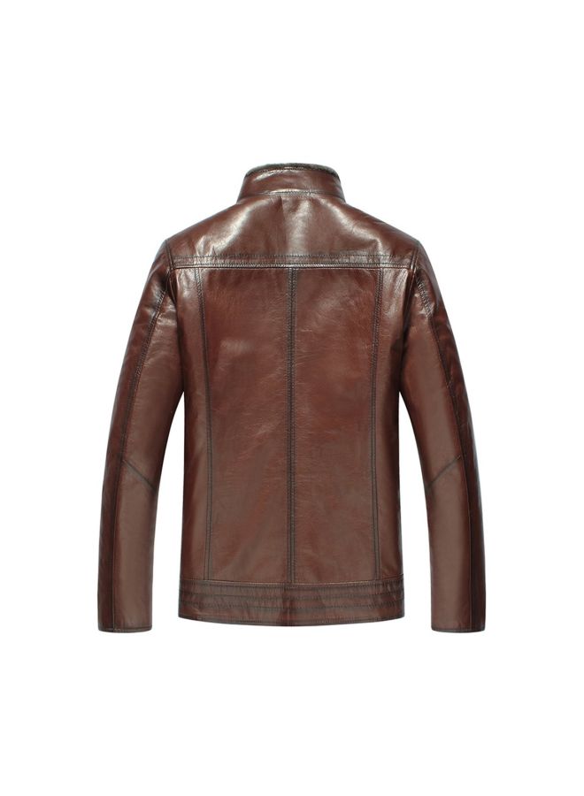 Long Sleeves Leather Jacket Brown - Image 2