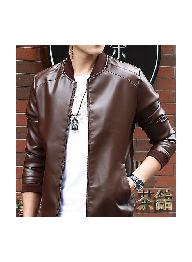 Long Sleeves Leather Jacket Brown - Image 4