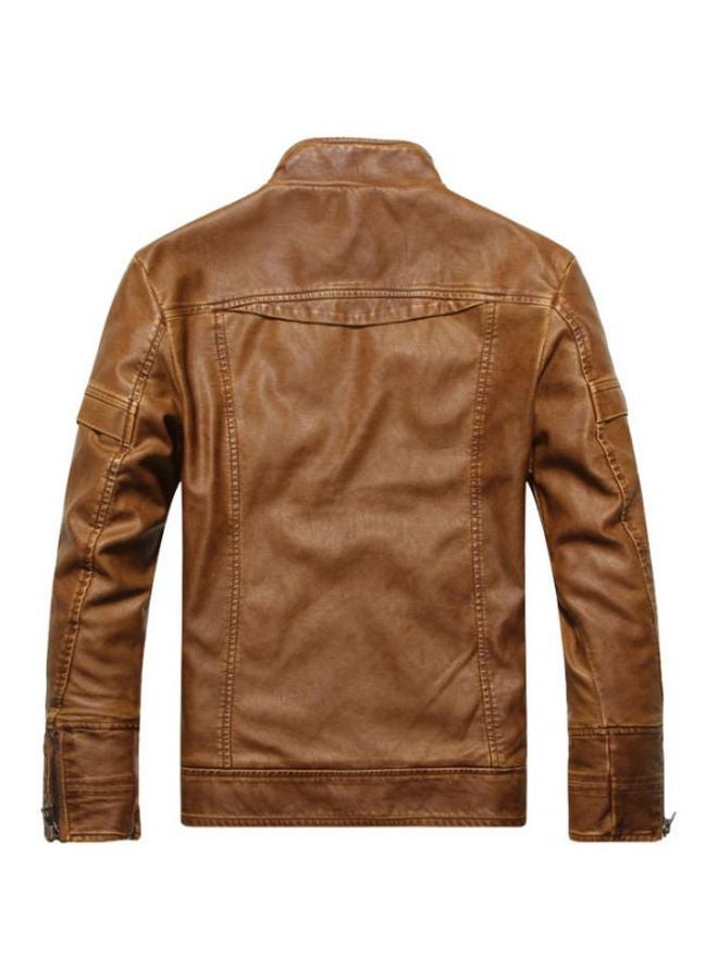 Generic - Long Sleeves Zip Up Leather Jacket Brown - Image 1