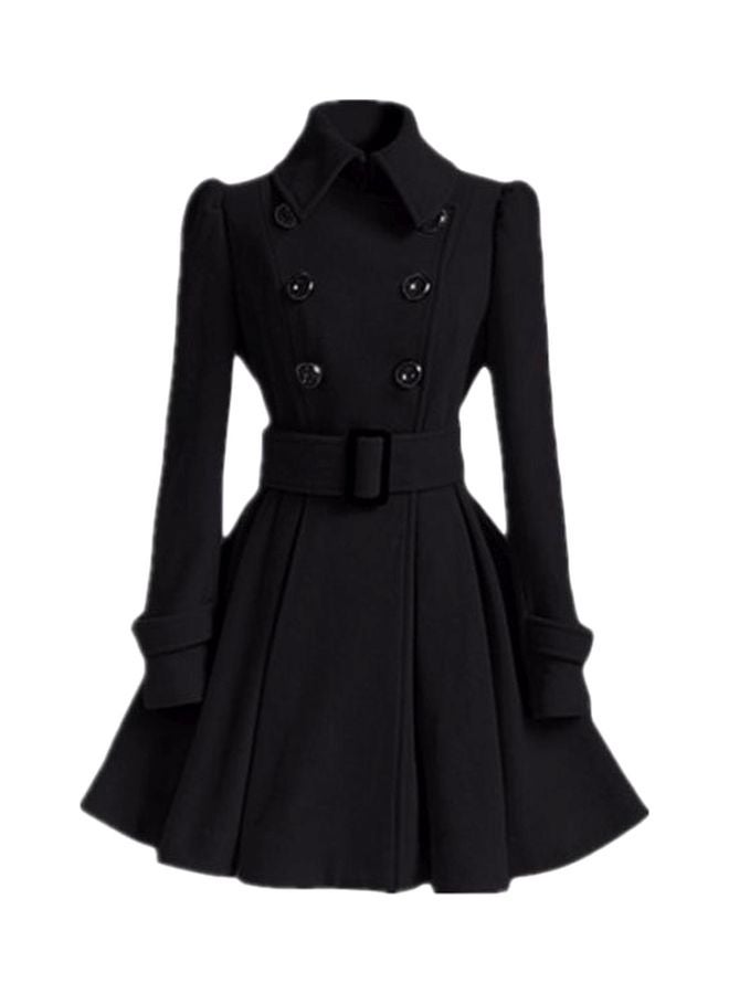 Woolen Long Sleeves Coat With Belt Black  - Image 1