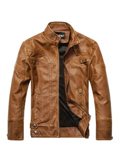 Long Sleeves Zip Up Leather Jacket Brown