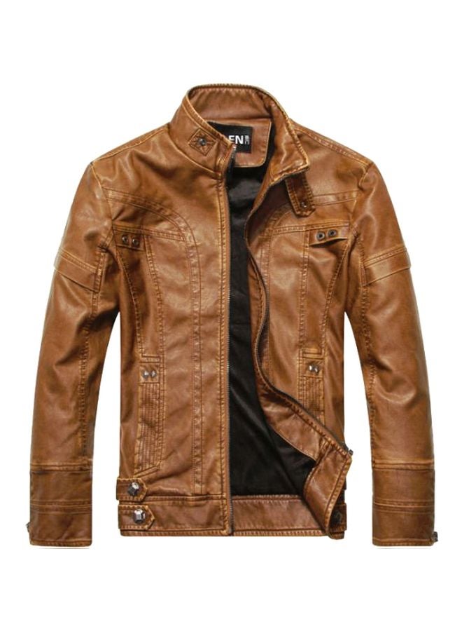 Generic - Long Sleeves Zip Up Leather Jacket Brown - Image 1