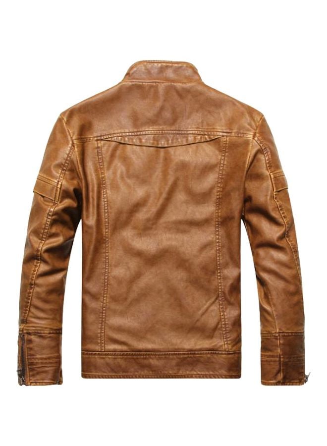 Zippered Leather Jacket Brown  - Image 2