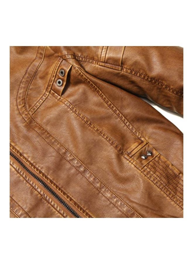 Zippered Leather Jacket Brown  - Image 3