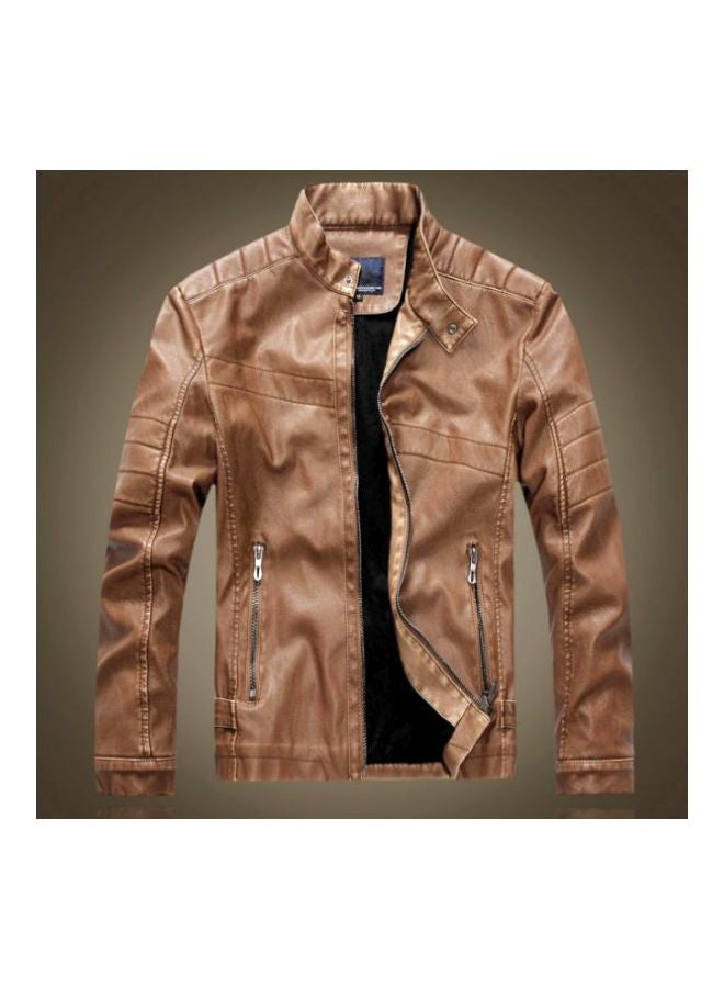 Zippered Leather Jacket Brown  - Image 4
