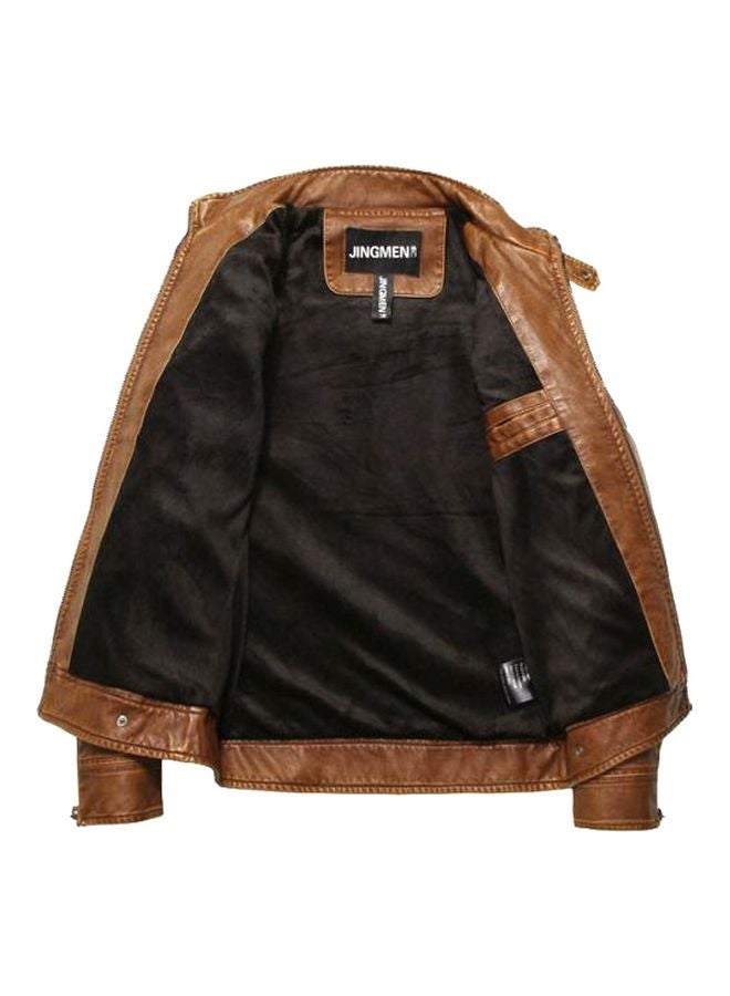 Zippered Leather Jacket Brown  - Image 5