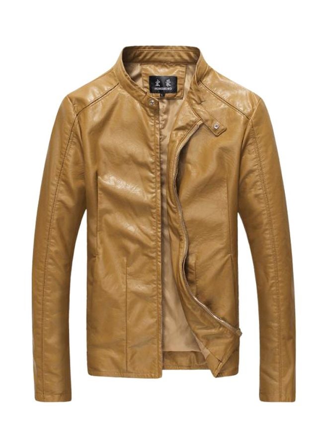 Zip Up Leather Jacket Khaki  - Image 1