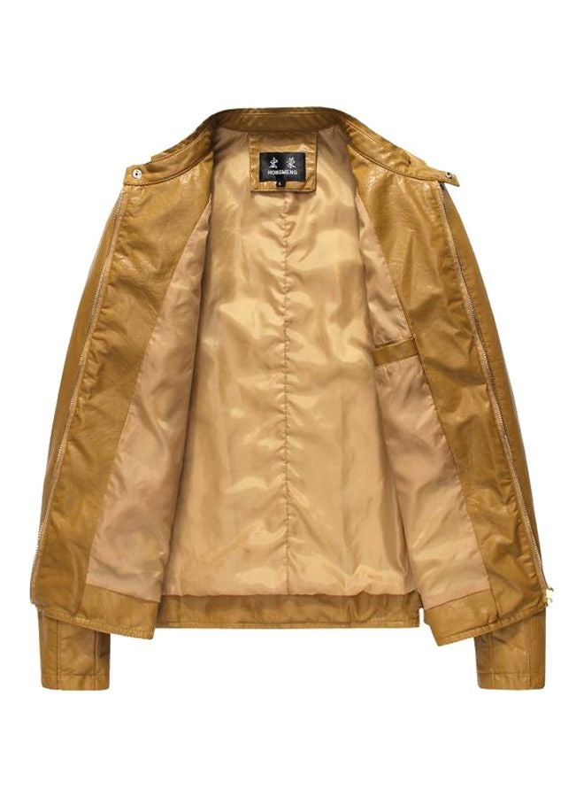 Zip Up Leather Jacket Khaki  - Image 3