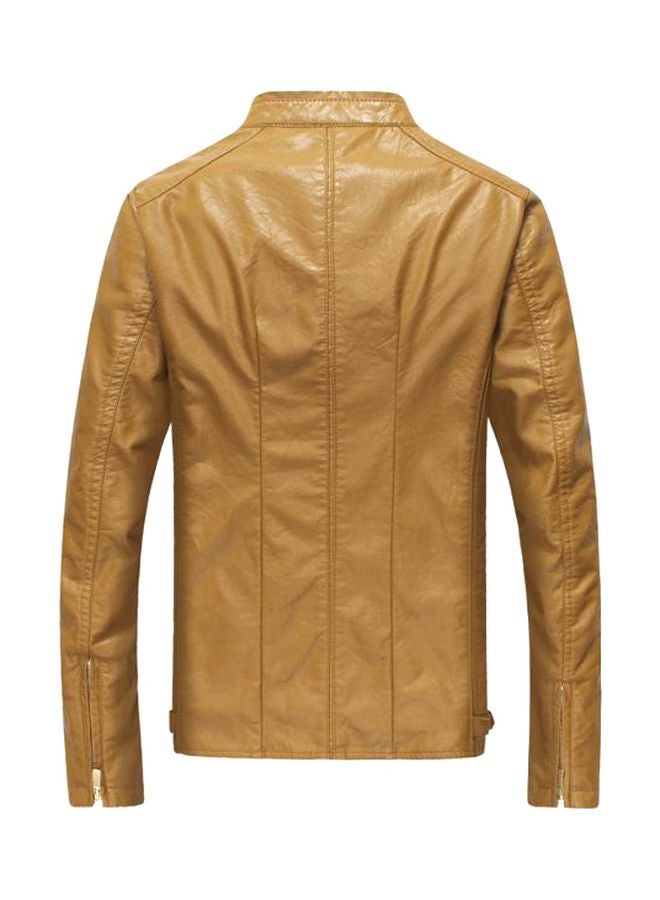 Zip Up Leather Jacket Khaki  - Image 2