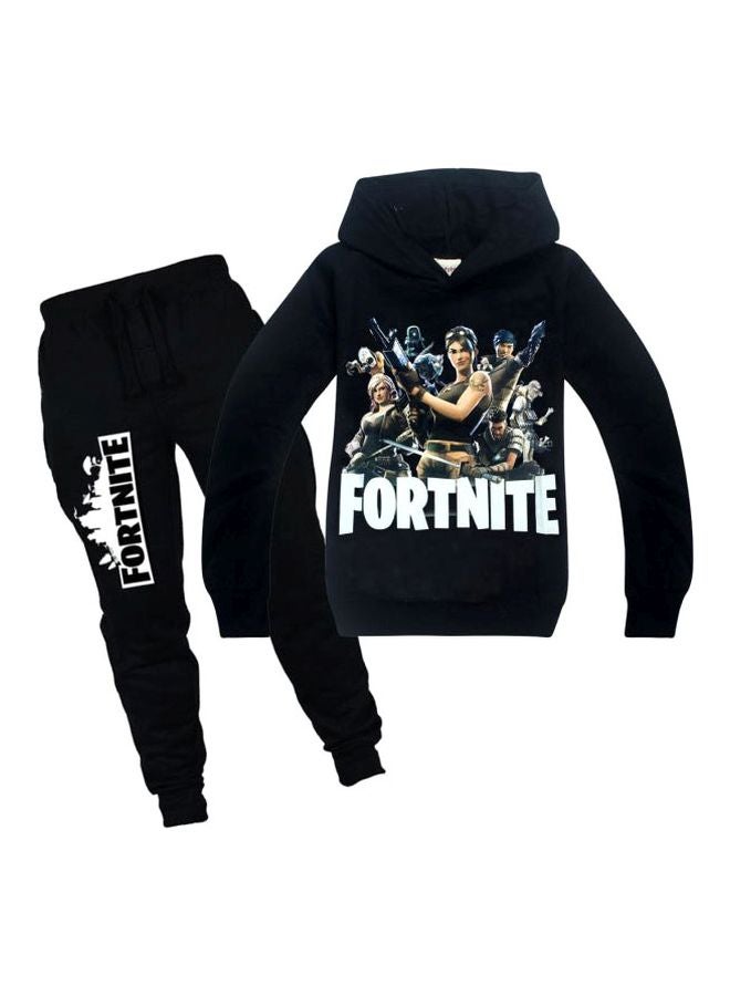 2-Piece Fortnite Printed Hooded Jacket And Pant Set Black/White  - Image 1