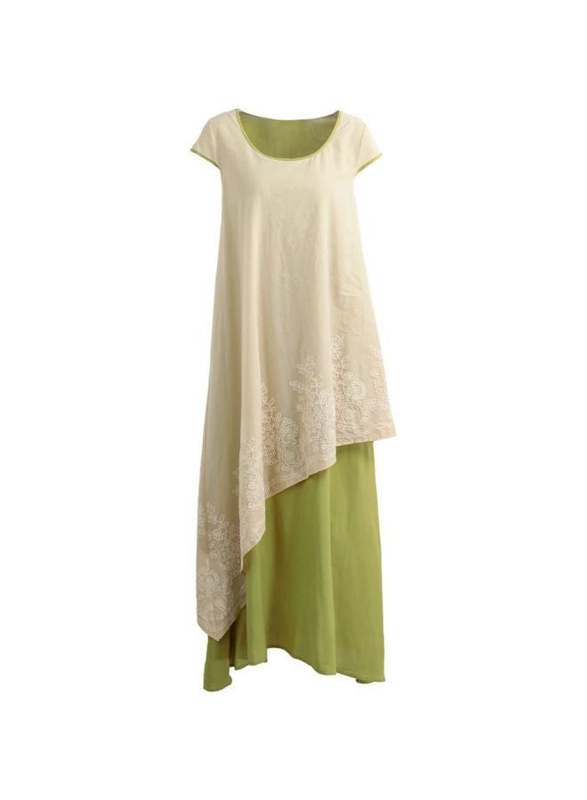 Short Sleeves Embroidered Maxi Dress Green/Off White  - Image 1