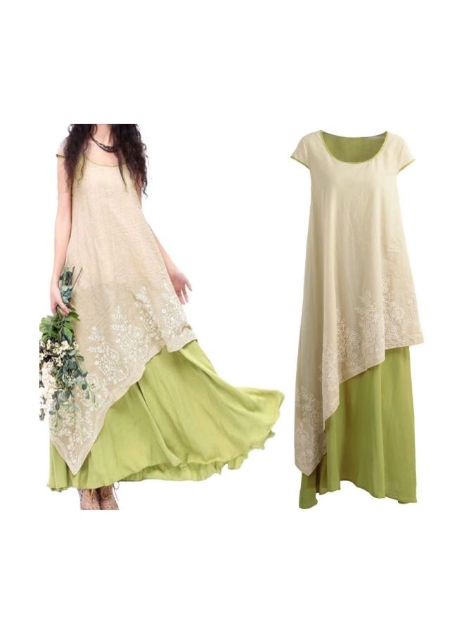 Short Sleeves Embroidered Maxi Dress Green/Off White  - Image 3