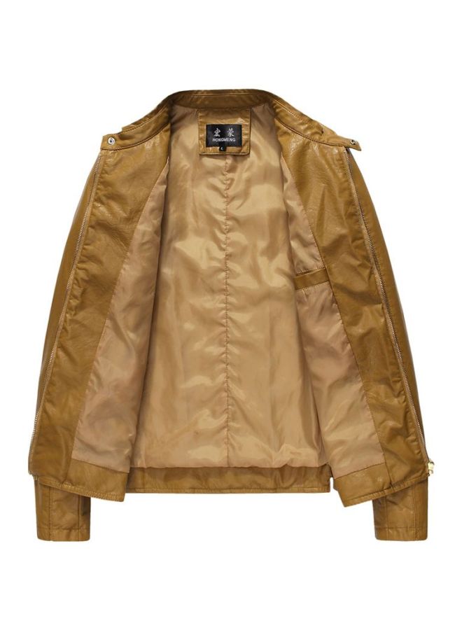 Zippered Leather Jacket Khaki - Image 3
