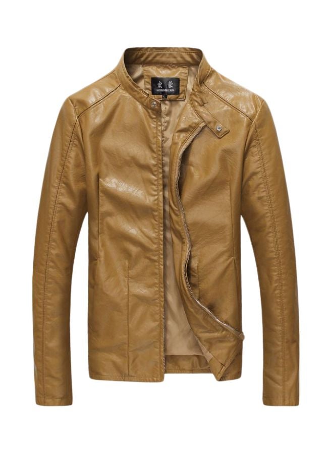 Zippered Leather Jacket Khaki - Image 1