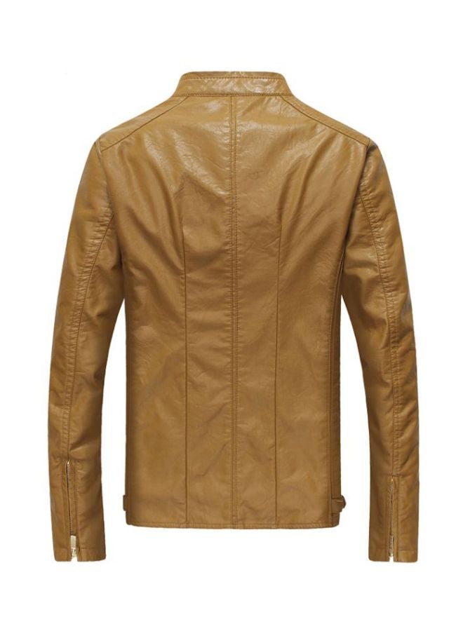 Zippered Leather Jacket Khaki - Image 2