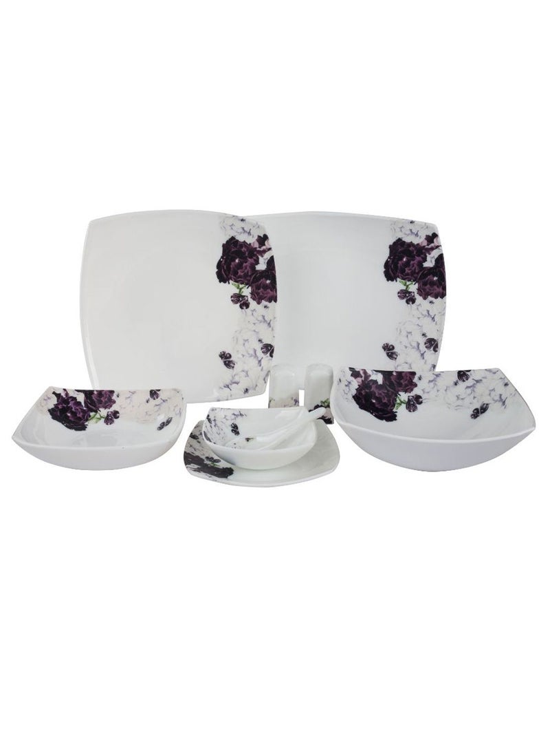 Royalford 71-Piece Opal Ware Square Dinner Set With 12X33Cm Square Dinner Plates,12X21Cm Square Dessert Plates,12X16Cm Square Salad Bowls,12X25Cm Deep Soup Plates,3X29Cm Square Serving Bowls,12XSoup Spoons,3XRice Spoons,2XSalt & Pepper Pots,Serves 12,White Multicolour 