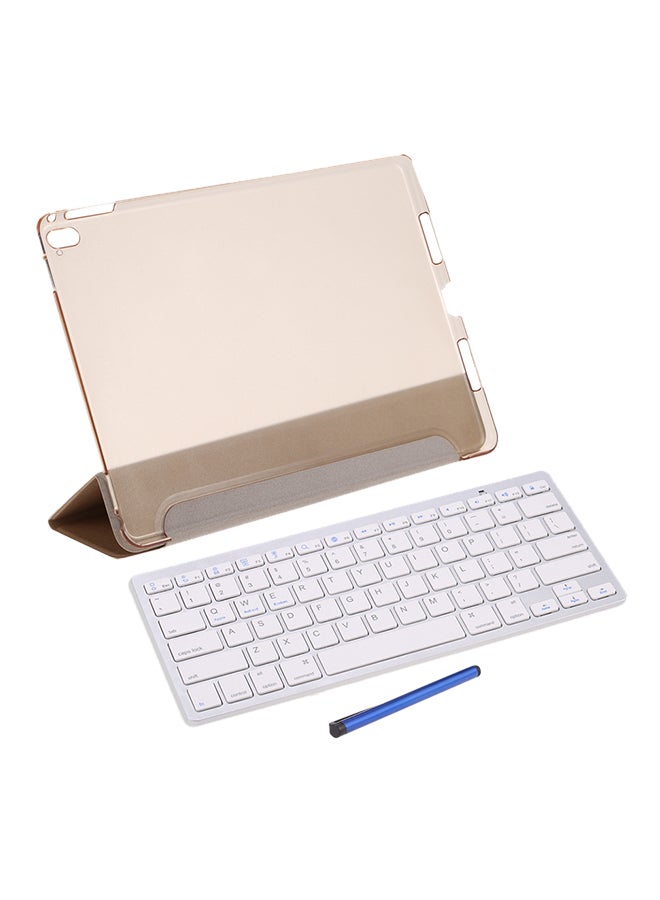 Wireless Bluetooth Keyboard With Case Holder And Stylus Pen White/Gold - Image 1