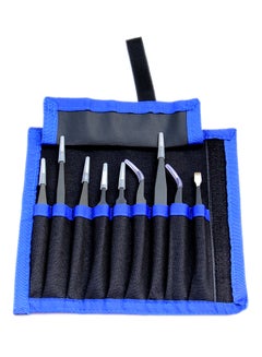 Generic Pack Of 9 Anti- Static Stainless Steel Tweezer With Bag Black/Silver/Blue 