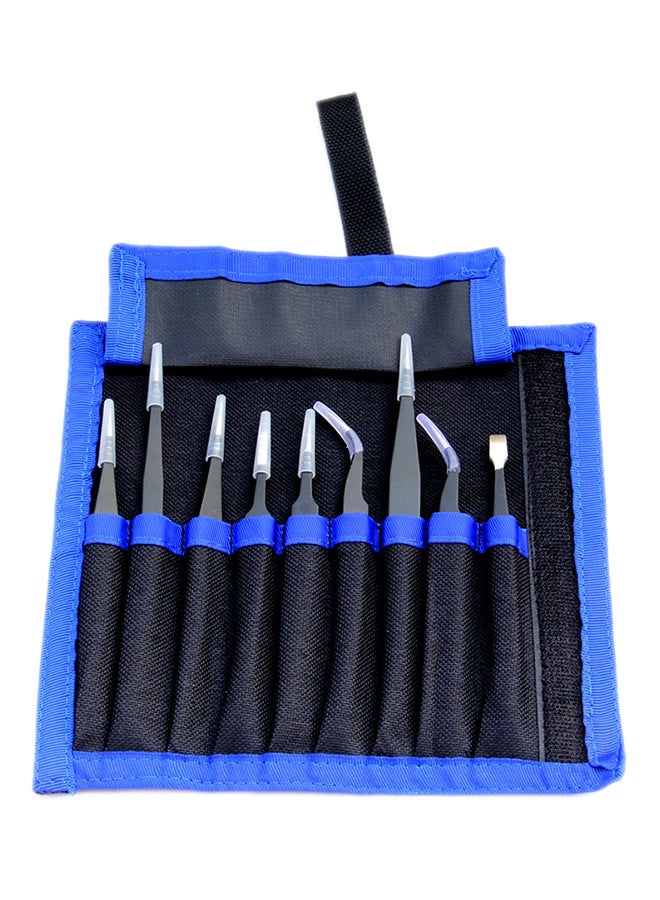 Pack Of 9 Anti- Static Stainless Steel Tweezer With Bag Black/Silver/Blue 