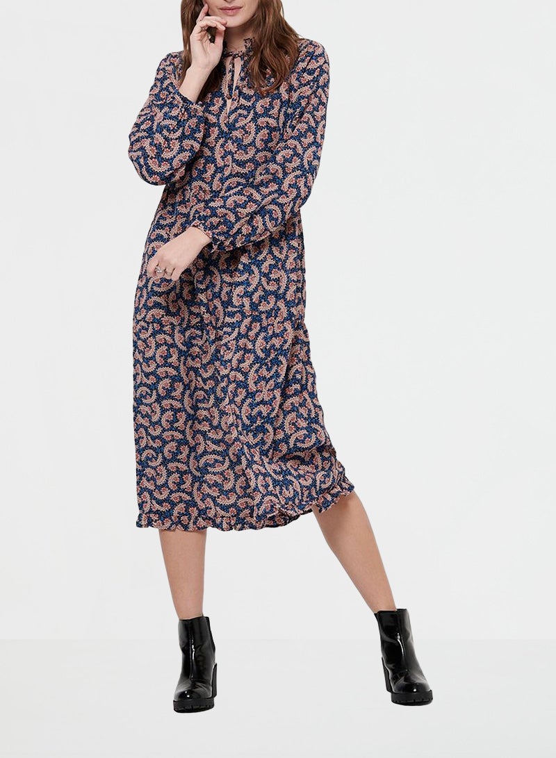 ONLY - Paisley Ruffled Neck Long Sleeve Dress Blue Multi - Image 1