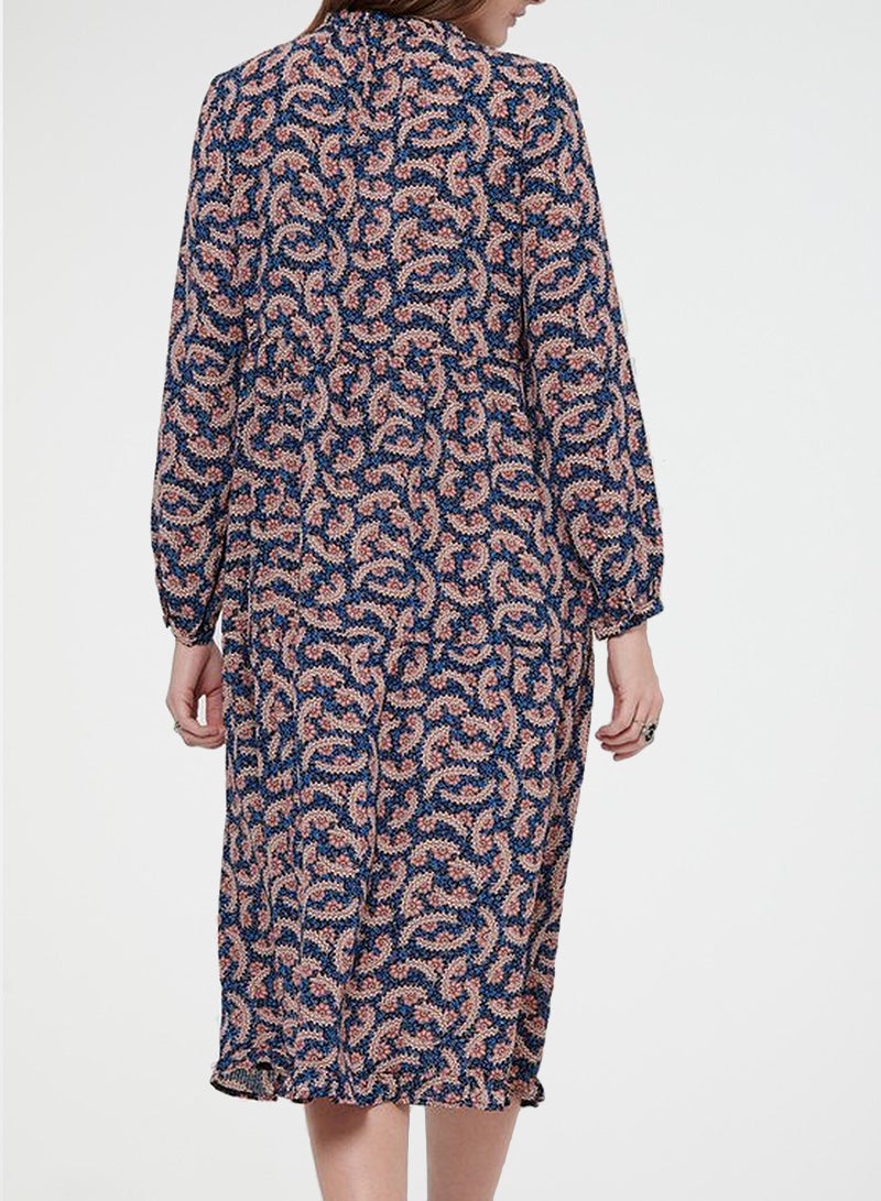 ONLY - Paisley Ruffled Neck Long Sleeve Dress Blue Multi - Image 1