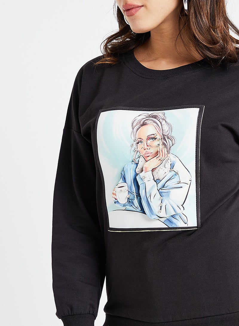 High Streets 3D Applique Detail Embellished Sweatshirt Black  - Image 4