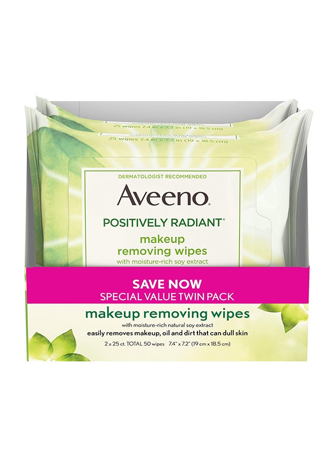 Aveeno Pack Of 2 Positively Radiant Makeup Removing Wipe 7.4 x 7.2inch - Image 1