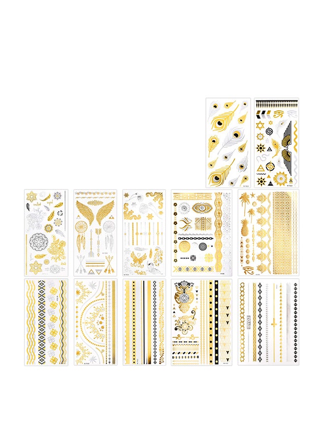 Konsait Set Of 12 Metallic Temporary Jewellery Tattoo Sticker Multicolour - Image 1