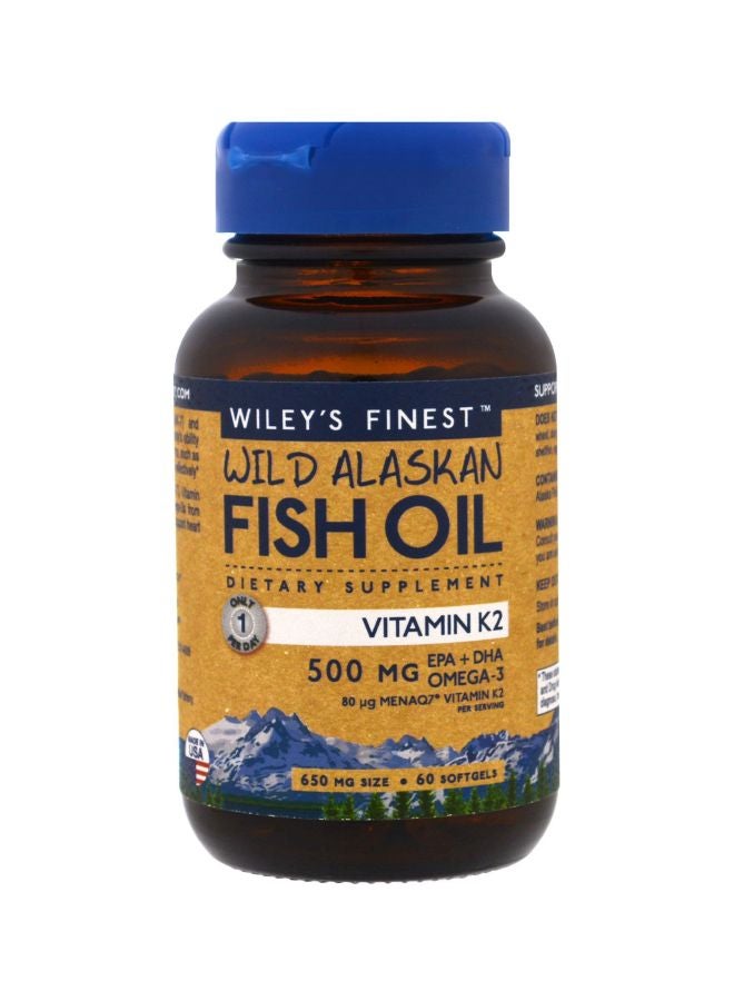 Wiley's Finest Wild Alaskan Fish Oil, Vitamin K2 500mg Dietary Supplement - 60 Softgels