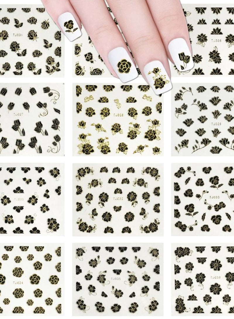 allydrew 12-Piece Gold Trim Flower Nail Stickers Sheet Set Green/Gold/Black - Image 2