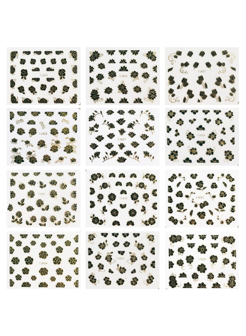 allydrew 12-Piece Gold Trim Flower Nail Stickers Sheet Set Green/Gold/Black - Image 1
