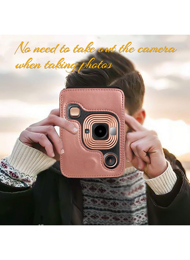 Compact Size Instant Camera Case Bag PU Leather with Shoulder Strap Compatible with Fujifilm Fuji Instax mini LiPlay Rose Gold