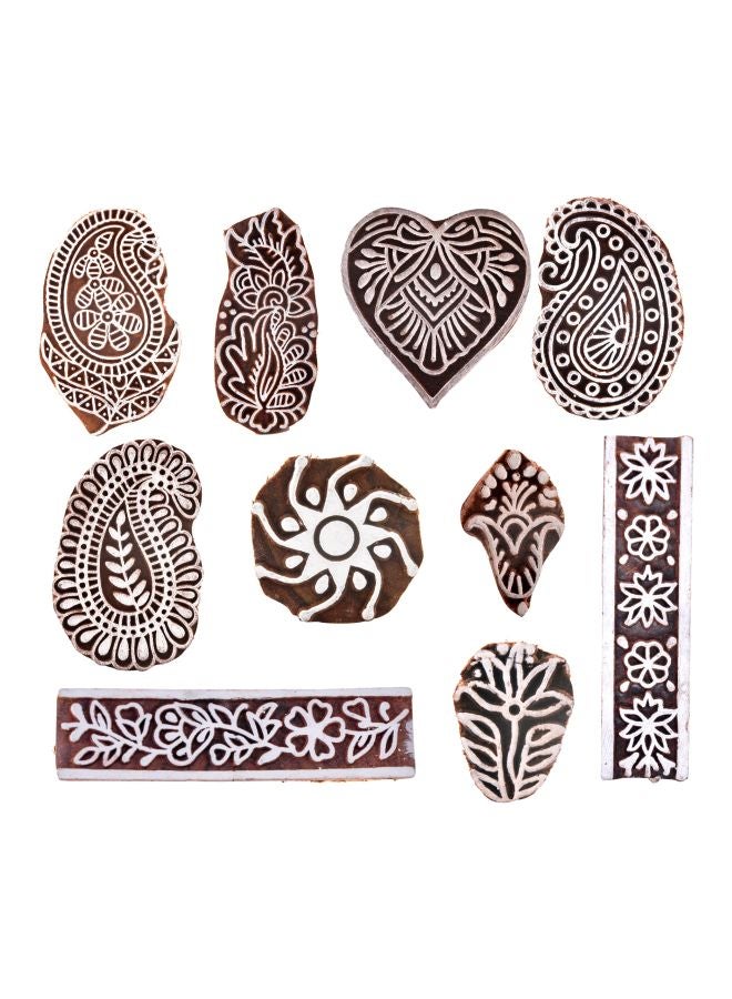 Hashcart 10-Piece Hand Carved Wooden Printing Block Set IK-BOOTI-SET-1071-1080 White/Brown/Black  - Image 1