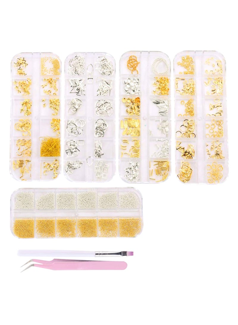 editTime Pack Of 5 3D Nail Art Jewels With Nail Tweezer And Brush Gold/Silver/pink - Image 1