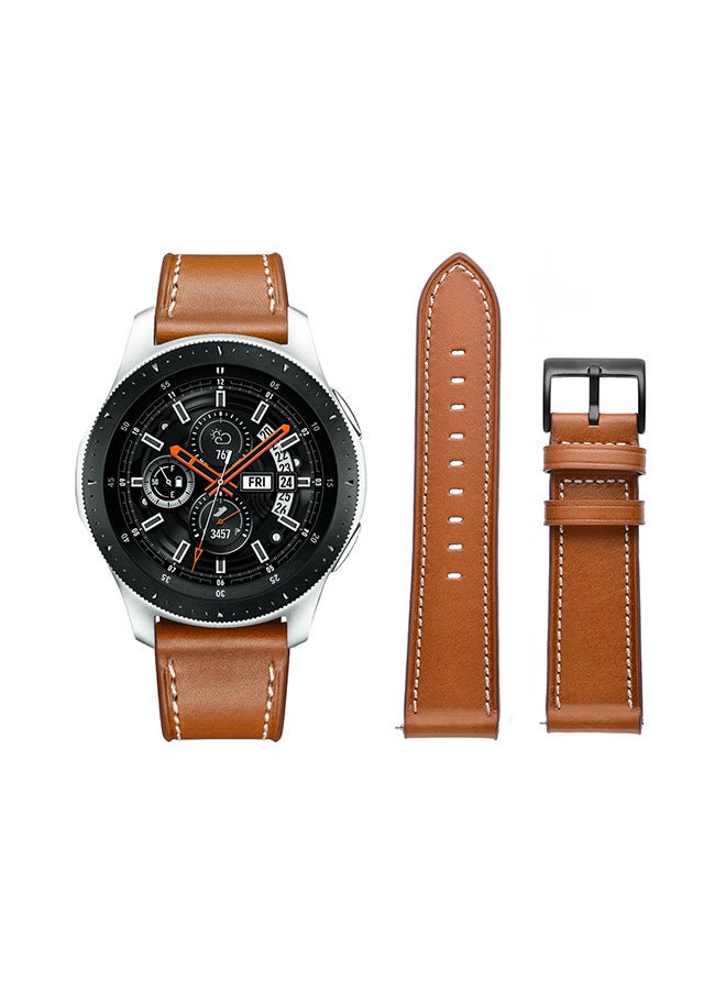 Perfii Genuine Leather Replacement Band For Samsung Galaxy Watch White Stitch Brown - Image 2