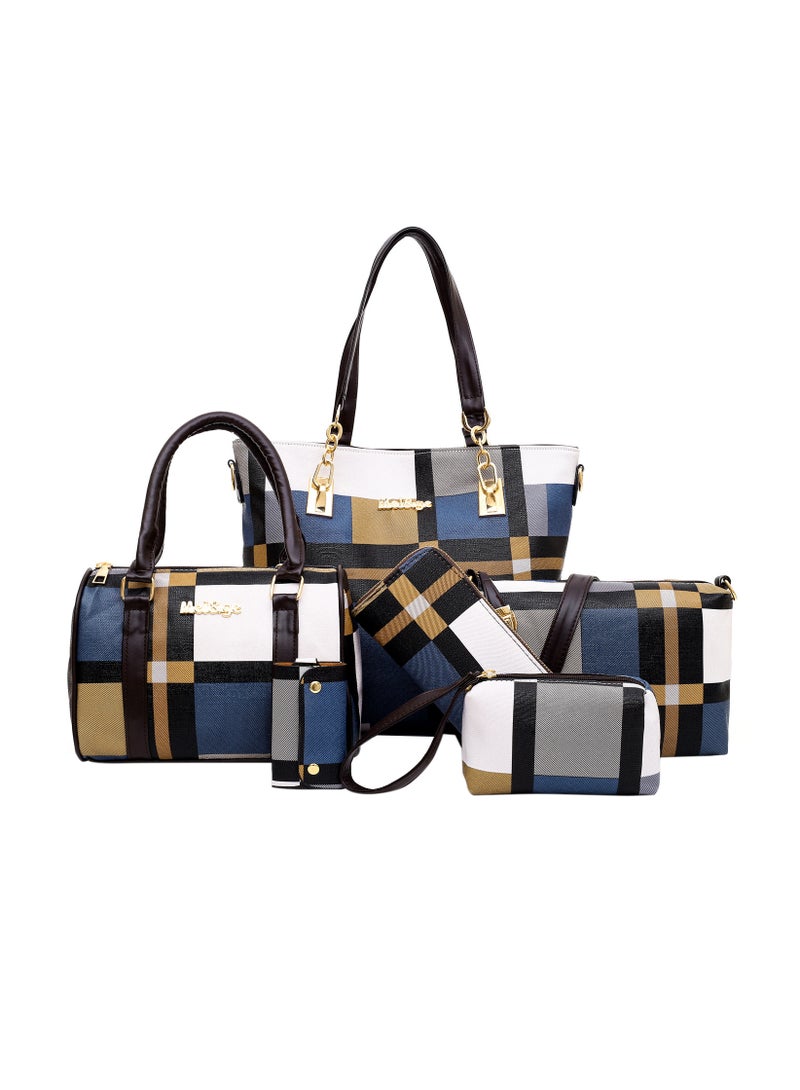 6-Piece Lattice Texture Handbag Set Blue/Black/White  - Image 1