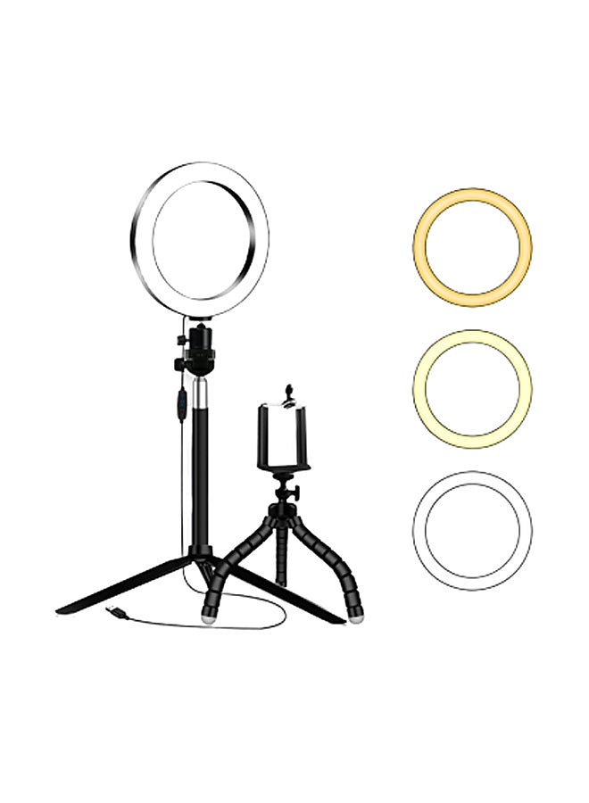 حامل ثلاثي بحلقة إضاءة LED قابلة للتعتيم ب10 مستويات مع حامل للهاتف أسود/ أبيض - Image 1