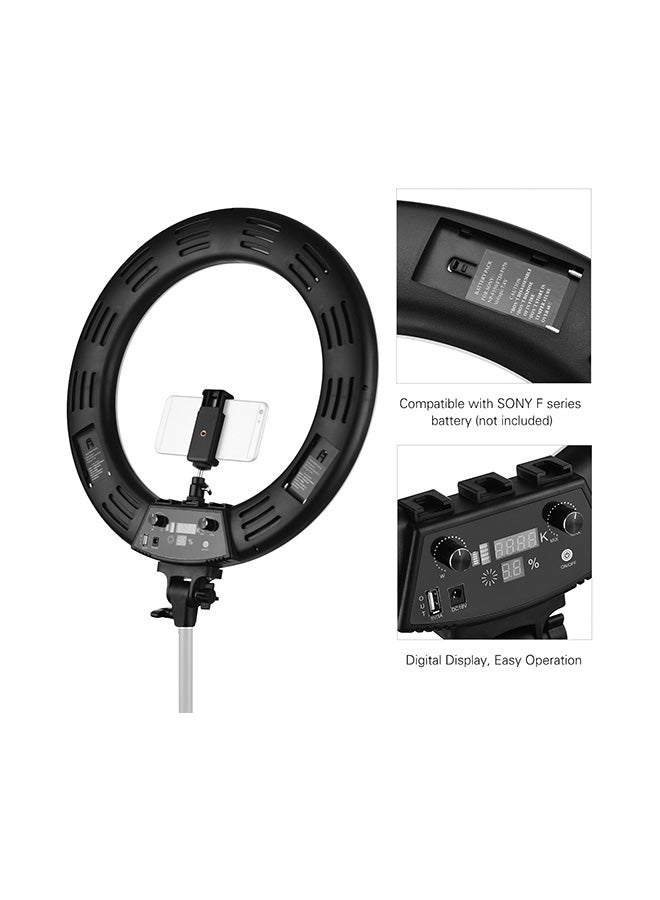 حلقة إضاءة LED قابلة للتعديل وقابلة للتعتيم بقدرة 60 وات ودرجة حرارة 3000-6000 كلفن مع حامل للهاتف أسود/ أبيض - Image 2