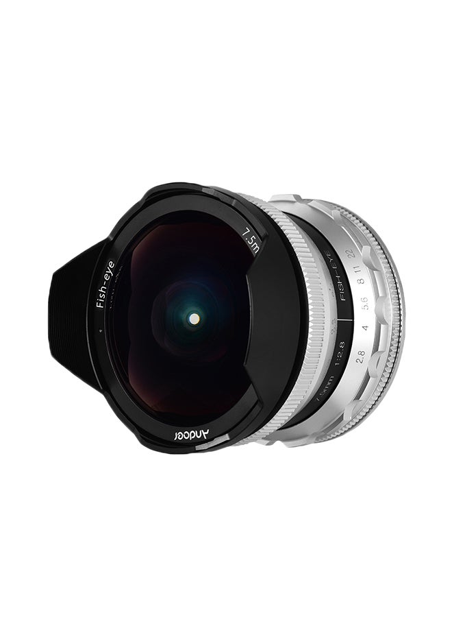 ANDOER 7.5mm F2.8 Manual Focus Fisheye 180° Ultra Wide Angle E-Mount Lens Silver  - Image 1