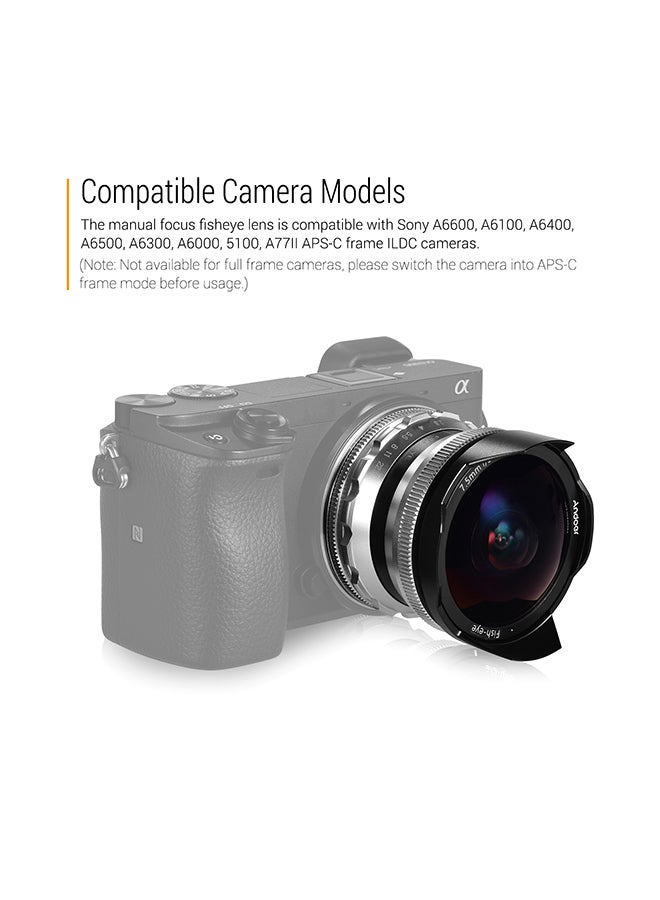 ANDOER 7.5mm F2.8 Manual Focus Fisheye 180° Ultra Wide Angle E-Mount Lens Silver  - Image 4