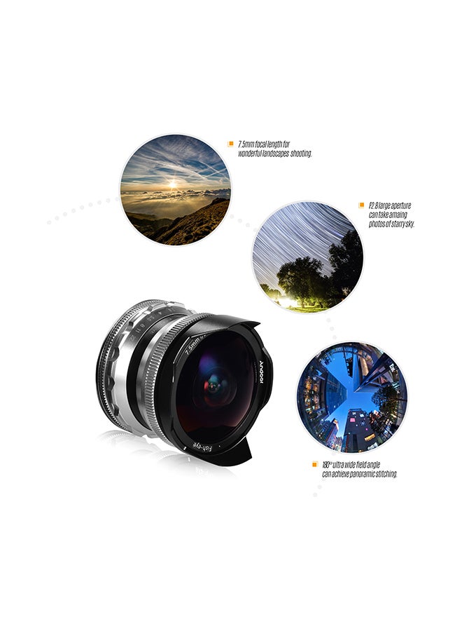 ANDOER 7.5mm F2.8 Manual Focus Fisheye 180° Ultra Wide Angle E-Mount Lens Silver  - Image 2