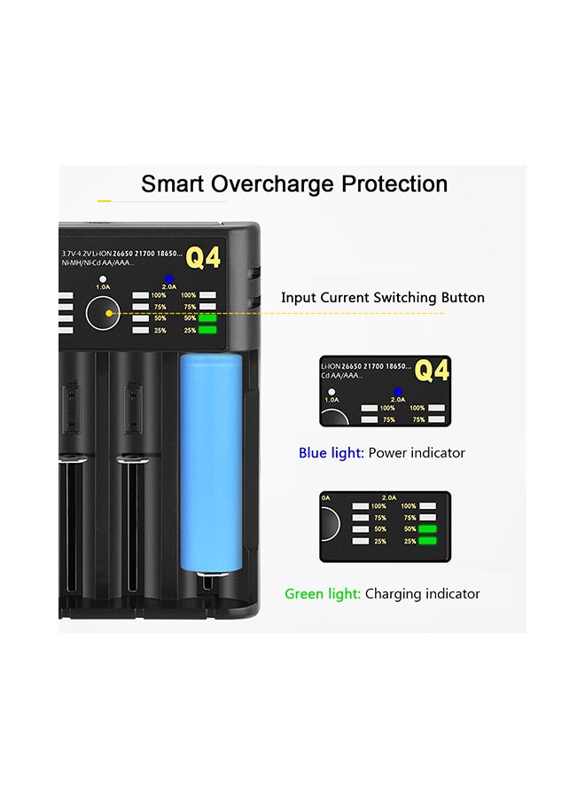 Yonii - Q4 3.7V 18650 Li-ion USB 4 Slots Portable Battery Charger Black - Image 1