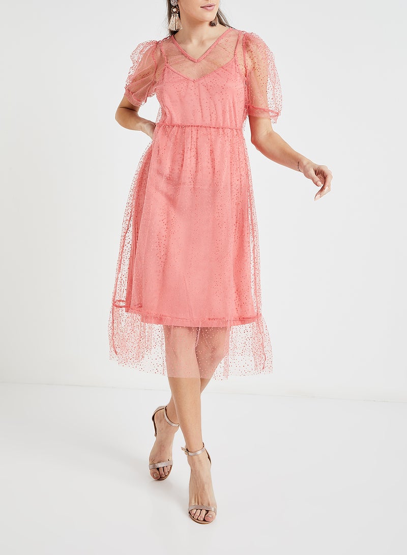 VERO MODA - V-Neck Midi Dress Pink - Image 1